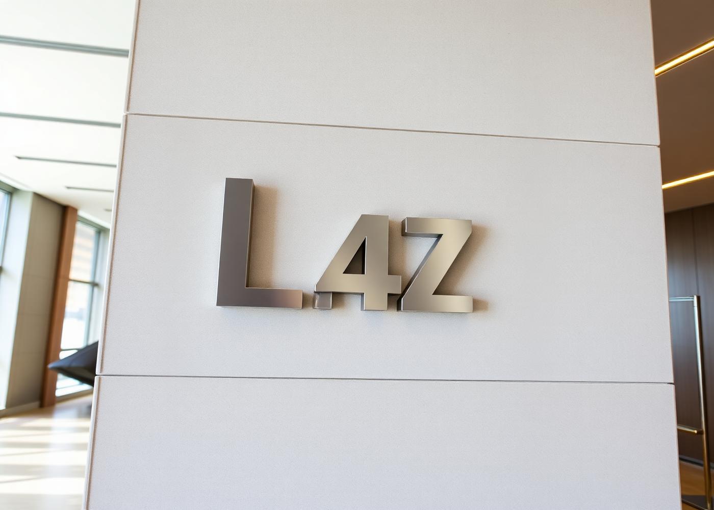 Brushed stainless steel 3D letter signage on an office lobby wall