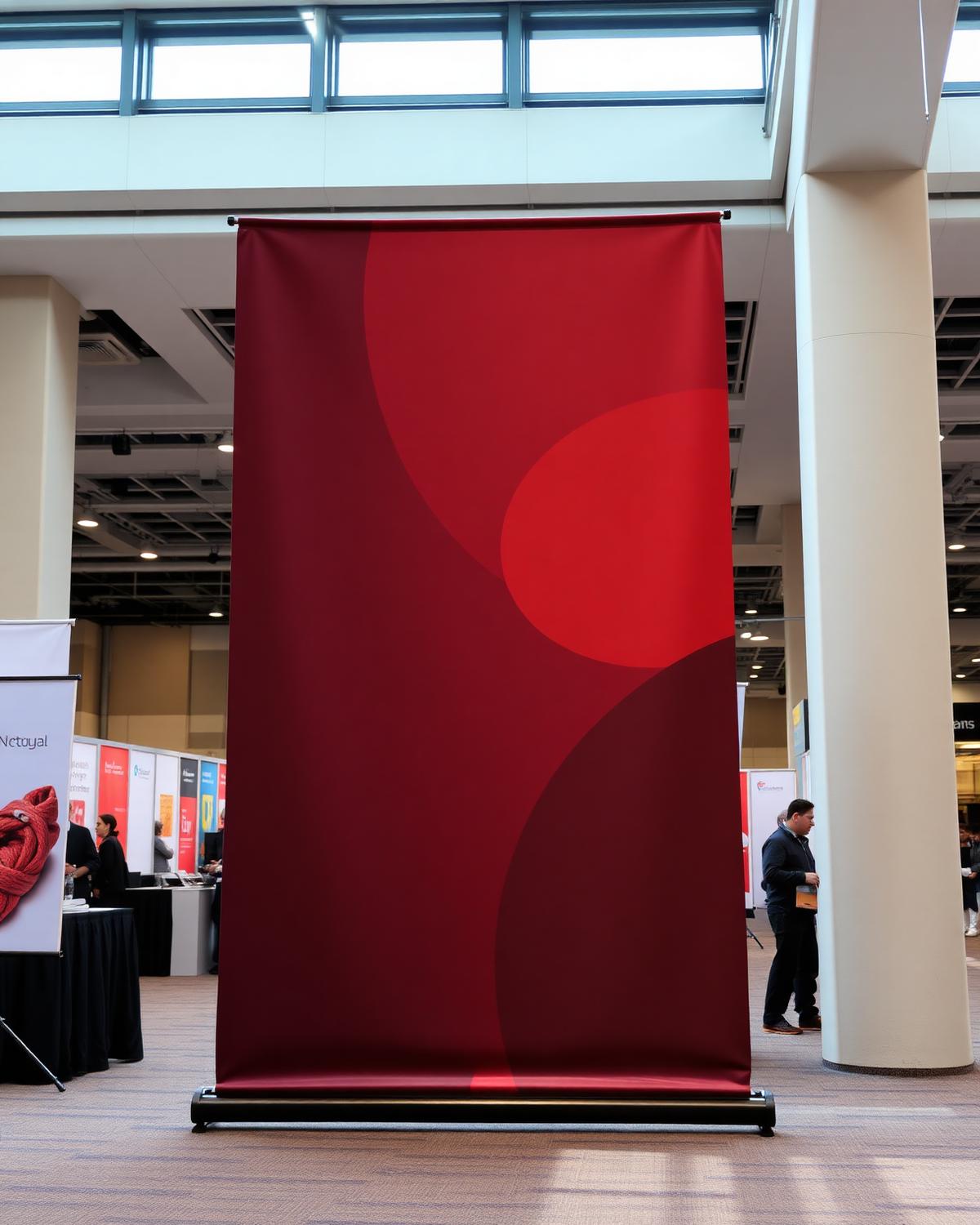 Roll-up banner standee at an exhibition hall