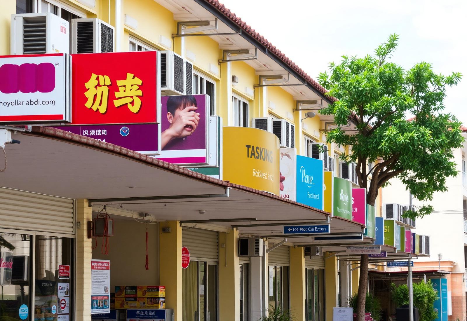 Row of Singapore neighbourhood shops with fascia signboards