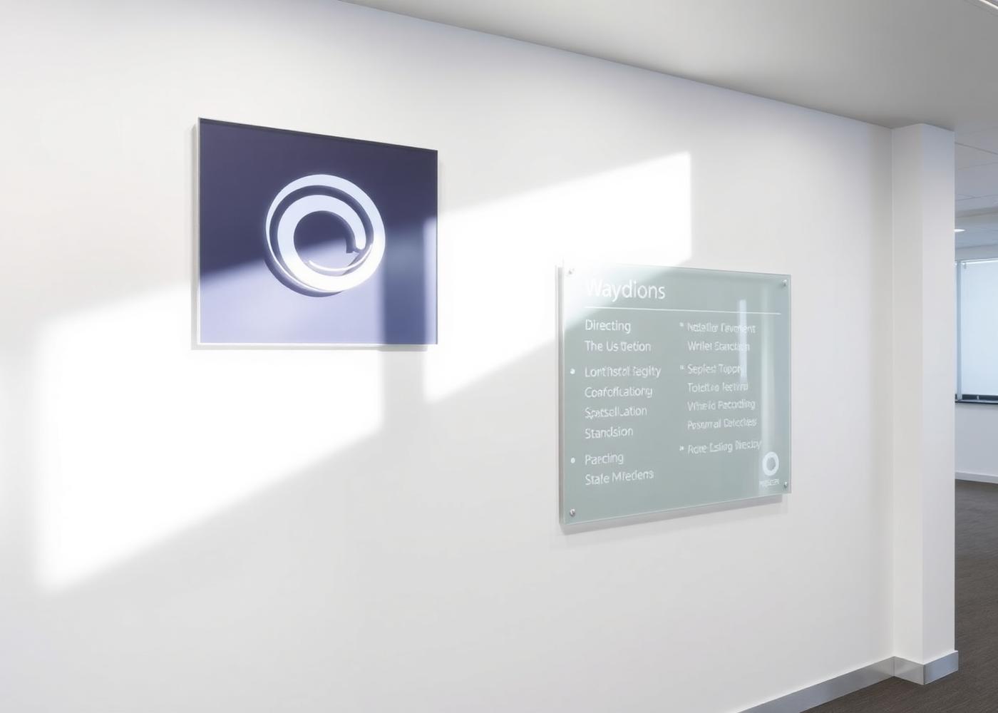 Acrylic reception logo and wayfinding directory in an office