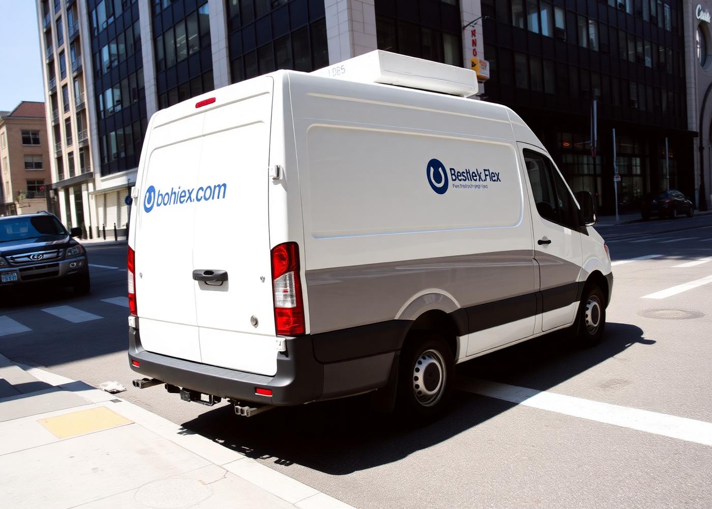 Delivery van with vinyl decal branding on a city street