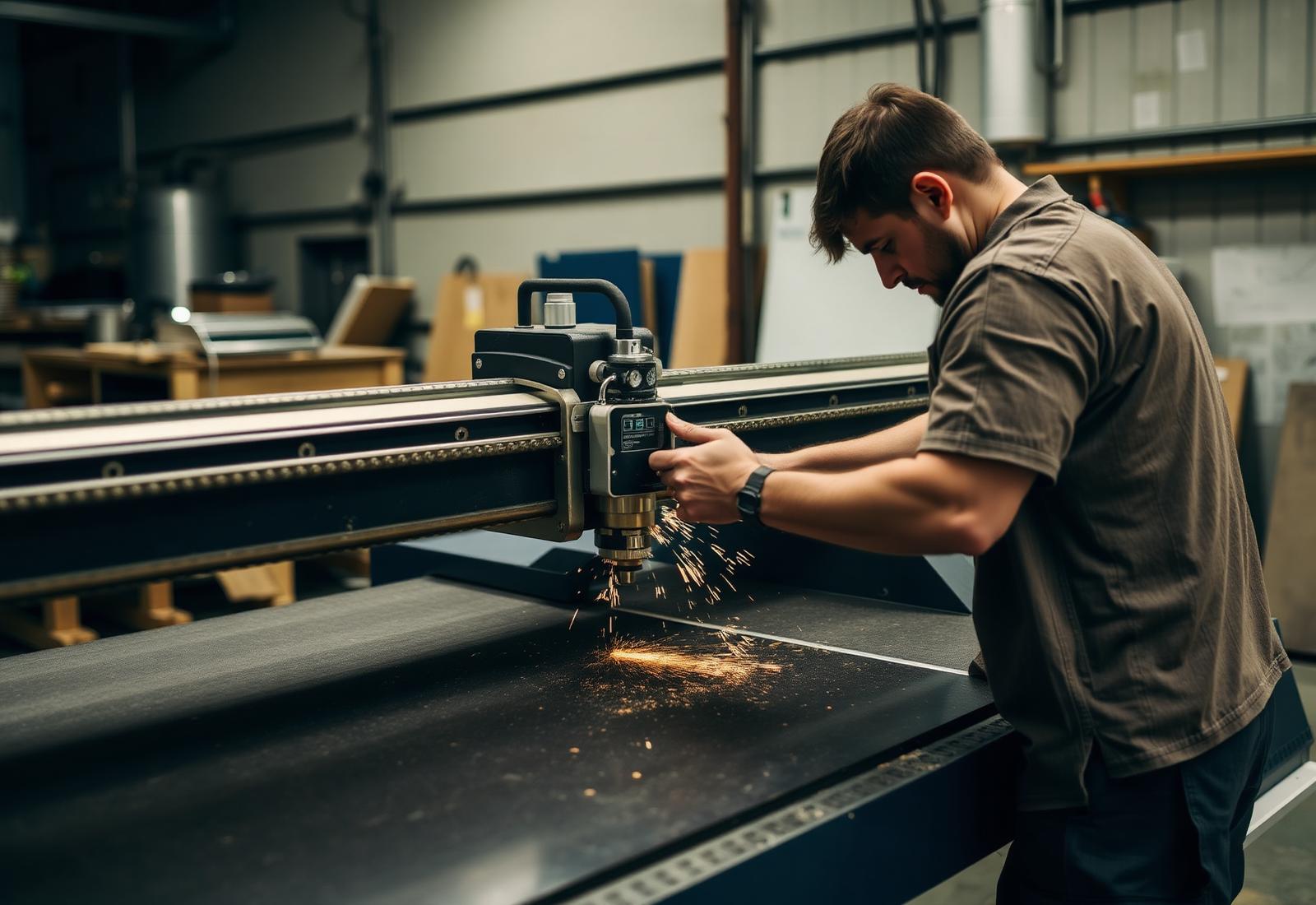 Worker cutting acrylic sheet on a CNC machine in a sign workshop